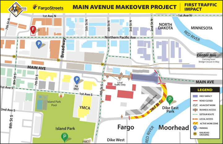 First Traffic Impacts: Main Avenue full road closure west of 2nd St S intersection