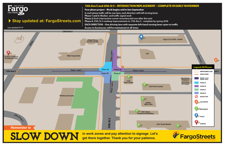 Work zone overview for 25th Street and 13th Ave S intersection reconstruction
