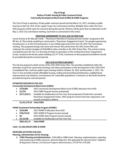 Public Notice for 2022 Action Plan, Analysis of Impediments to Fair Housing Choice, and 2021 Action Plan Amendments
