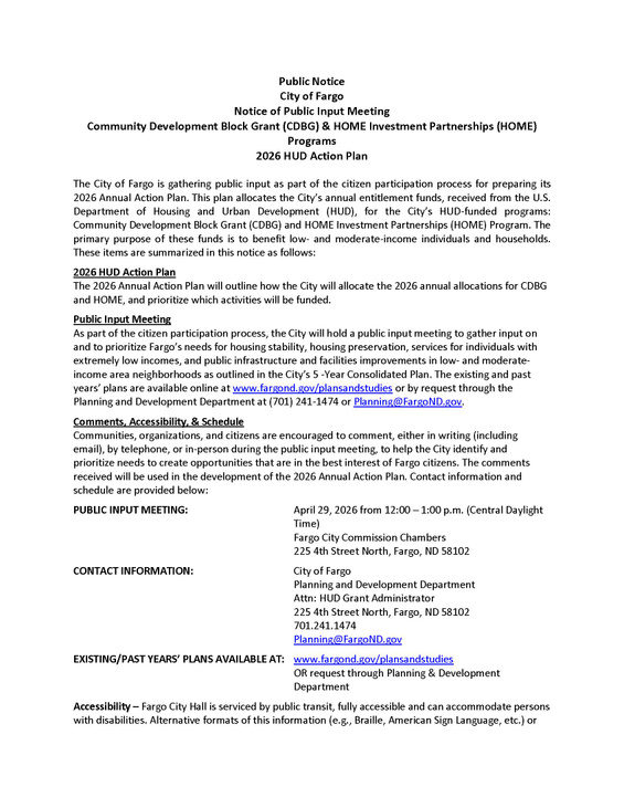 Notice of Public Input Meeting for HUD CDBG and HOME 2026 Action Plan
