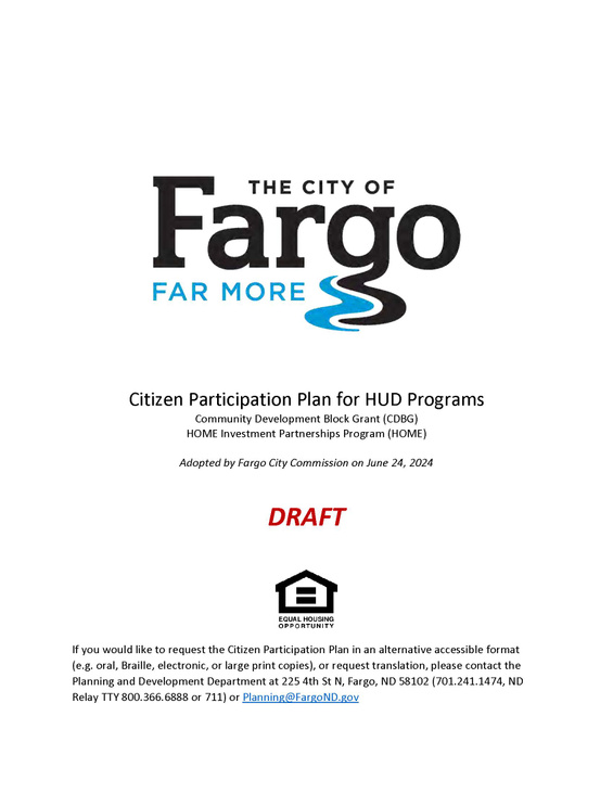 Cover Page of Draft Amended Fargo Citizen Participation Plan for HUD Programs