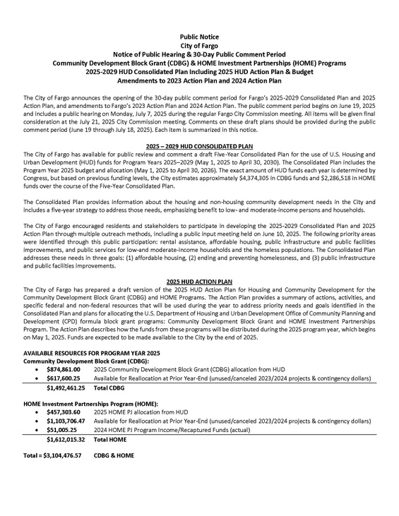 Notice of Public Hearing and 30-Day Comment Period for HUD CDBG & HOME 2025-2029 Consolidated Plan and 2025 Action Plan 