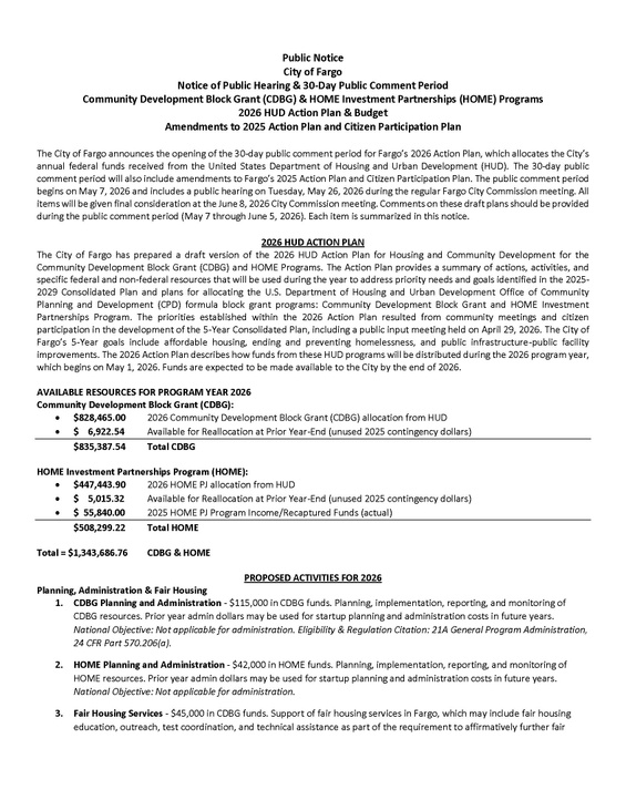 Public Notice for 2026 Action Plan and Amendments to 2025 Action Plan and Citizen Participation Plan Cover
