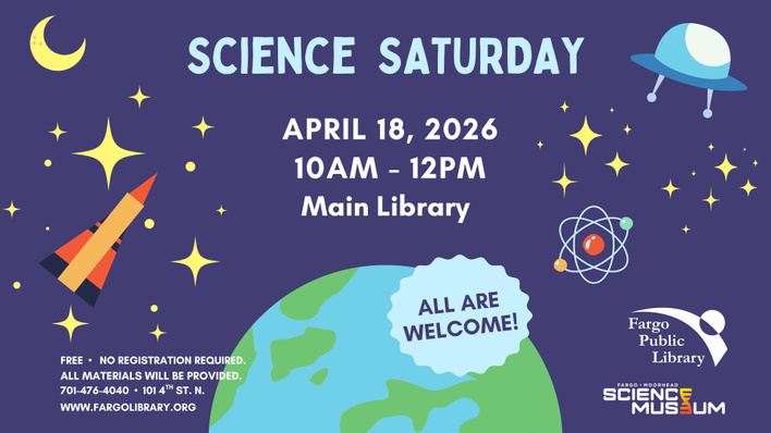 Science Saturday cartoon graphic with earth, stars, moon, spaceship, and atom