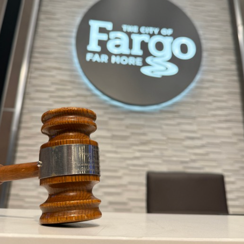 A gavel rests on the dais in Fargo City Commission Chambers.