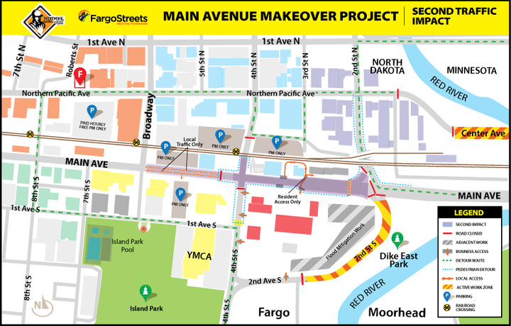 Traffic Impacts: Main Avenue full road closure west of 2nd St S intersection through 4th Street intersection