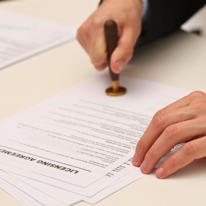 A close-up photo of someone's hands stamping paperwork.