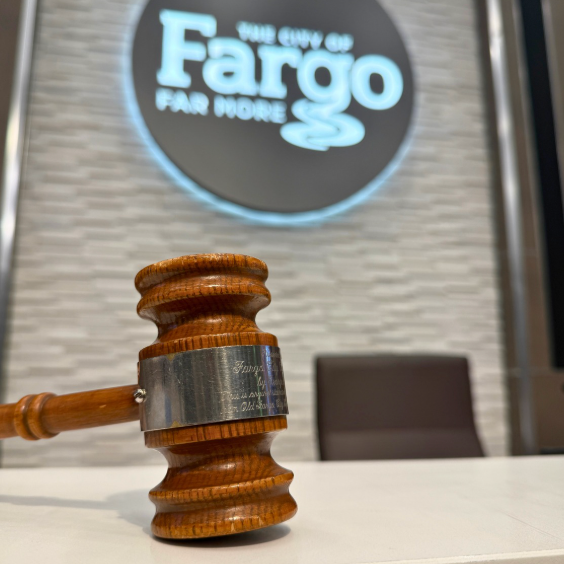 A gavel on the Fargo City Commission dais.