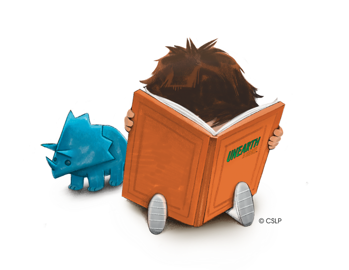 Child reading book with blue dinosaur in background