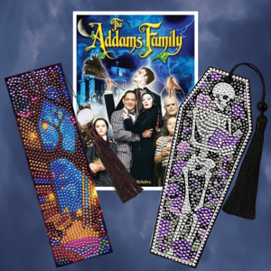 Graphic showing two gem painting bookmarks and the DVD cover for The Addams Family movie