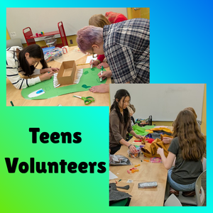 Graphic with two pictures of teens doing volunteer tasks and the words "Teen Volunteers"