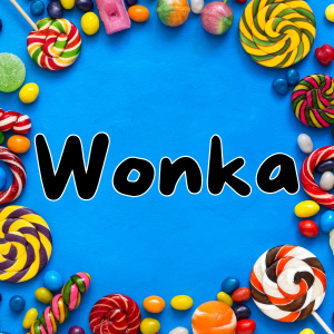 Candy on a blue background with the word "Wonka"