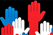 Graphic design of red, white and blue hands raised.